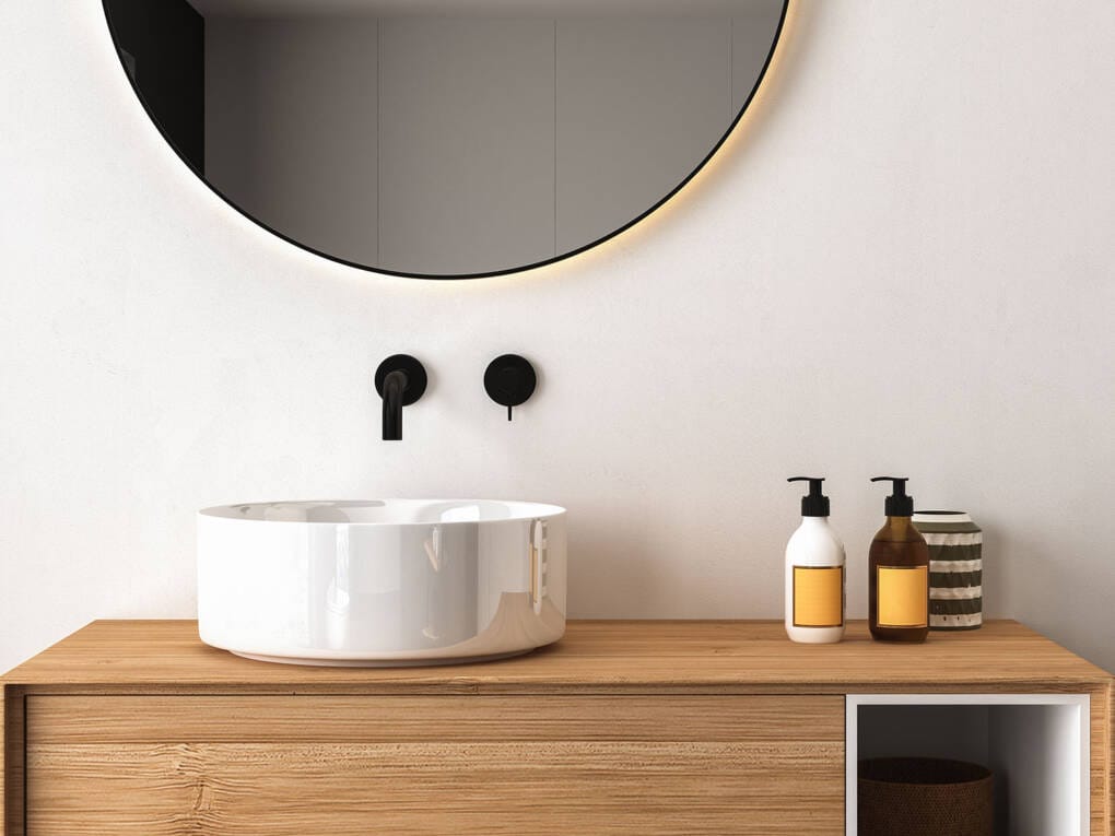 Timber vanity with 2-piece wall-mounted mixer and LED lit mirror