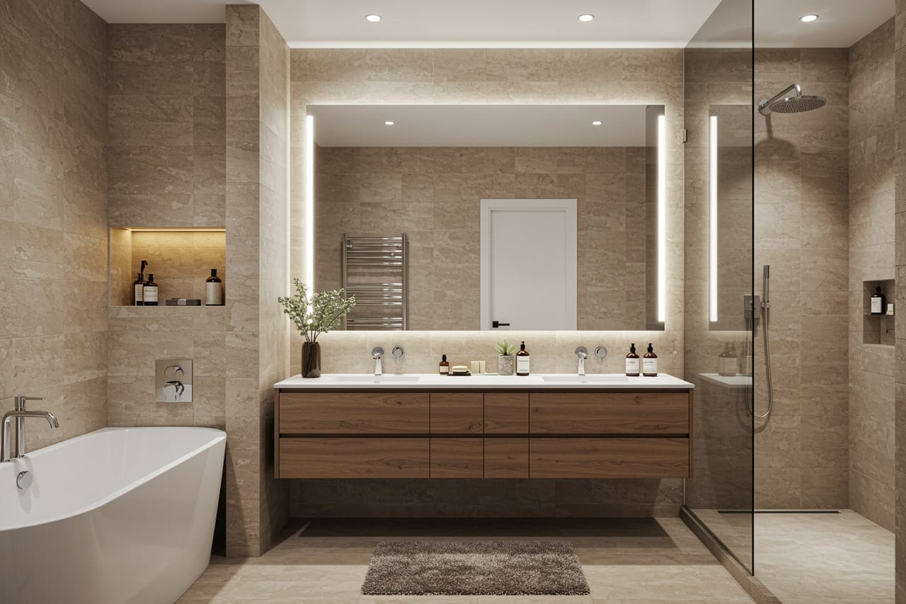 Modern bathroom with dual vanity and freestanding bath, tiled entirely in beige stone-look tiles.