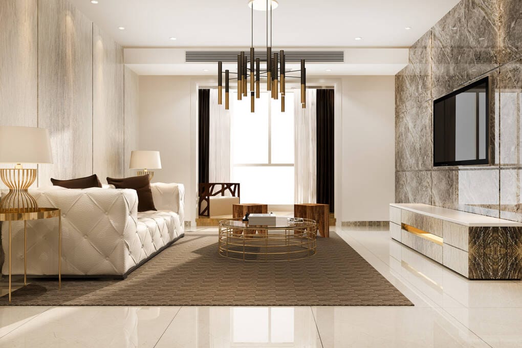 Natural stone tiled living room with a luxurious marble-look TV wall and classic decor