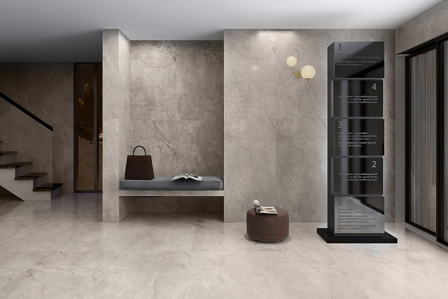 Entryway showcasing realistic stone look wall and floor tiles in soft grey tones