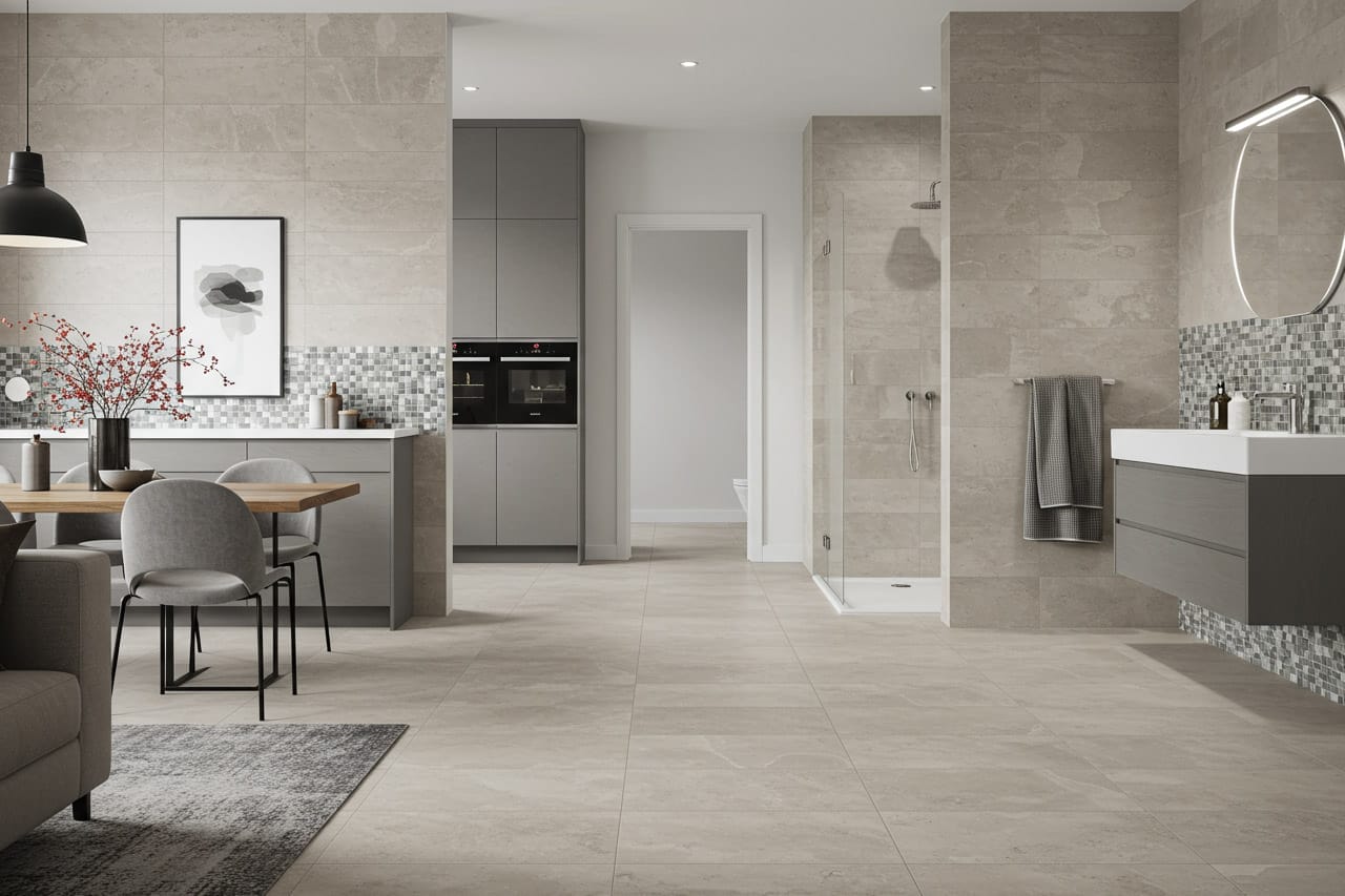 Open-plan bathroom and kitchen with soft beige stone-look tiles on floors and walls