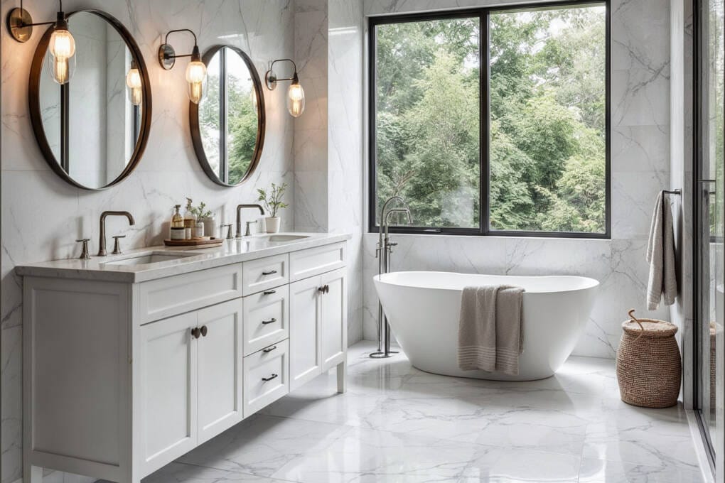 Luxurious marble-look bathroom featuring freestanding tub and large stone-look tiles
