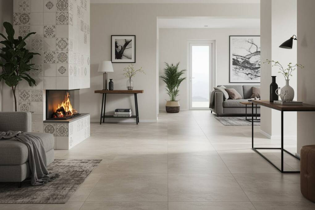 Neutral stone-look tiles instlalled in living area with fireplace and open-plan modern styling