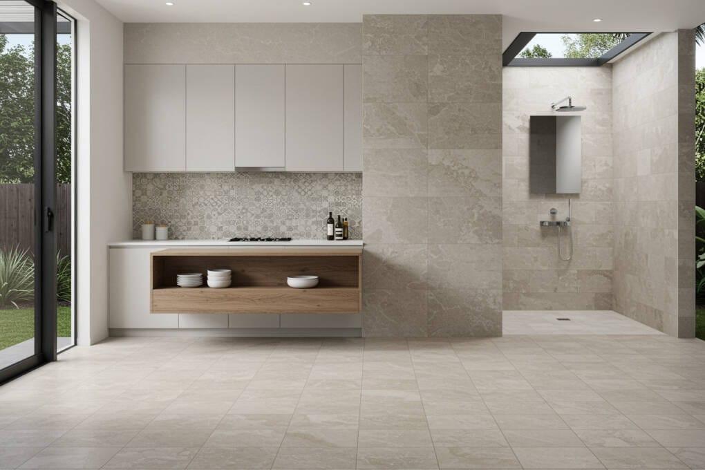 Kitchen and shower space with stone look tiles and patterned tile splashback.