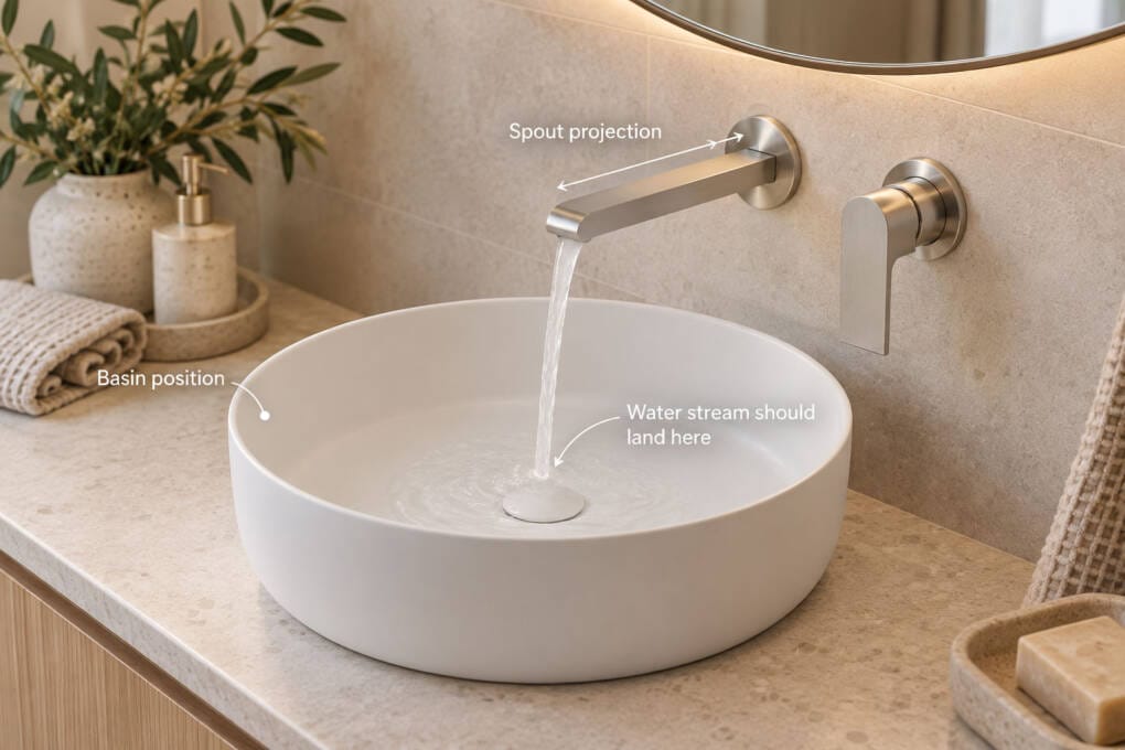 Wall mounted tap spout reach aligned with a bathroom basin