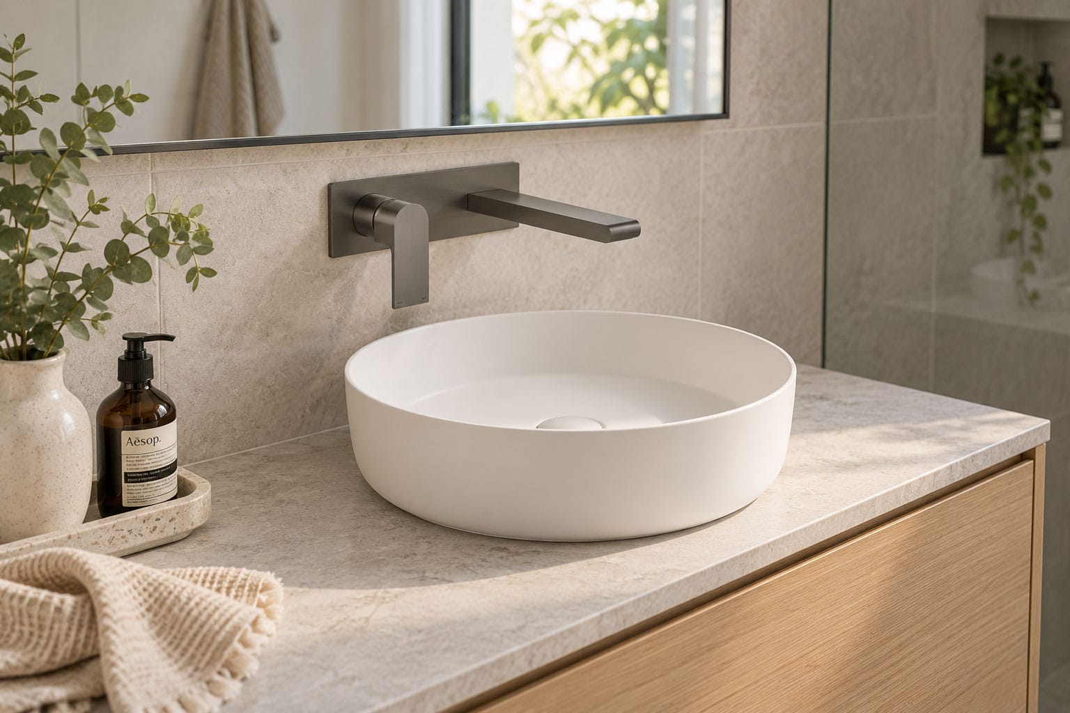 Wall mounted taps above a bathroom basin in a practical Perth renovation