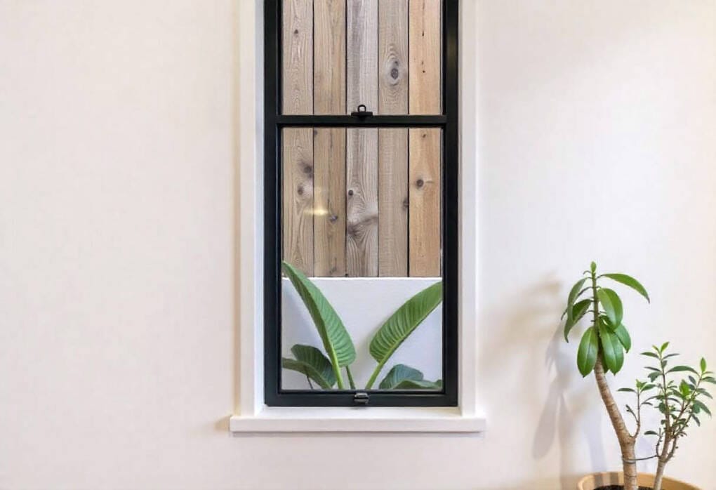 Black frame double hung window with timber privacy fence and indoor plants