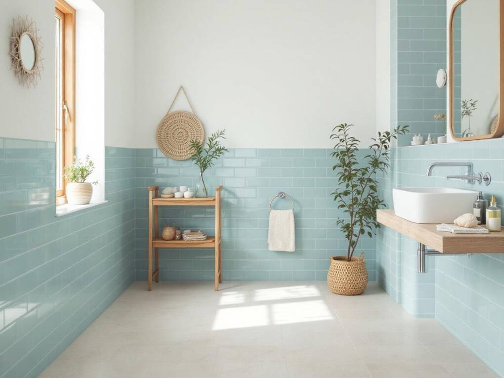 Coastal bathroom with soft blue subway tiles and natural timber accents for a relaxed beach-inspired look