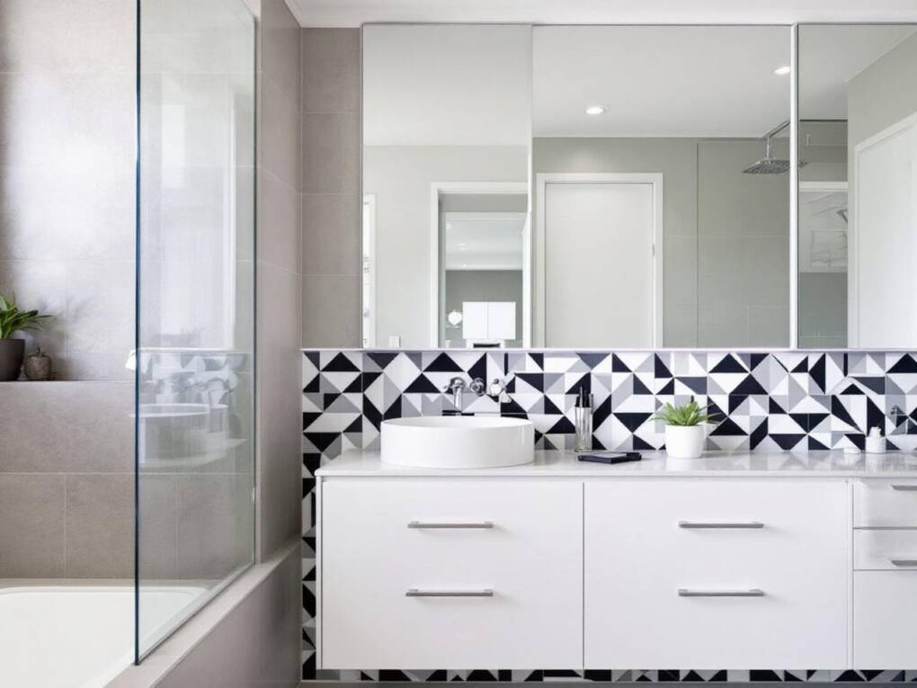 Modern bathroom with bold geometric feature wall tiles creating a striking focal point behind the vanity