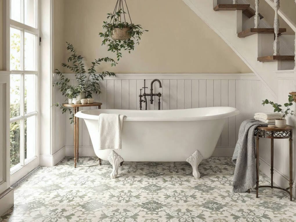Vintage-inspired bathroom featuring ornate Victorian-style floor tiles and a classic freestanding clawfoot bath