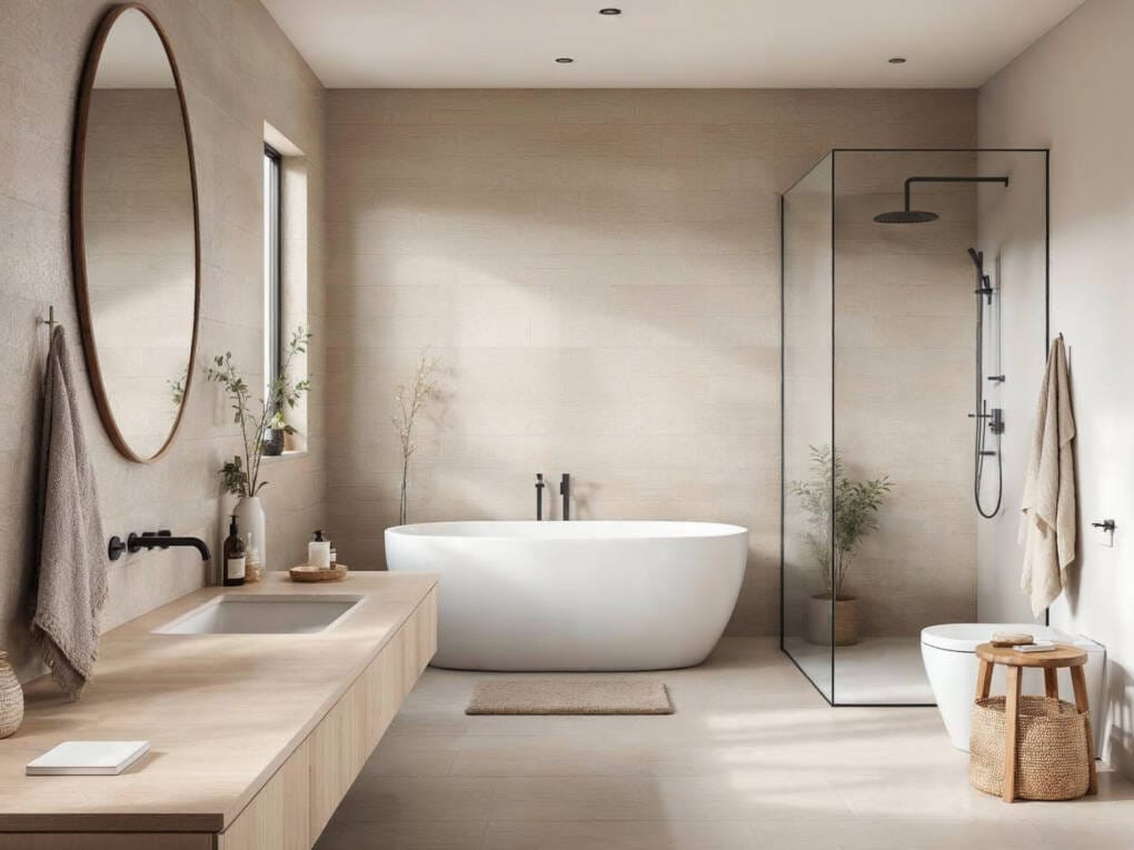 Organic and earthy bathroom featuring stone-look wall tiles, timber-look vanity, and calming neutral tones for a relaxing sanctuary