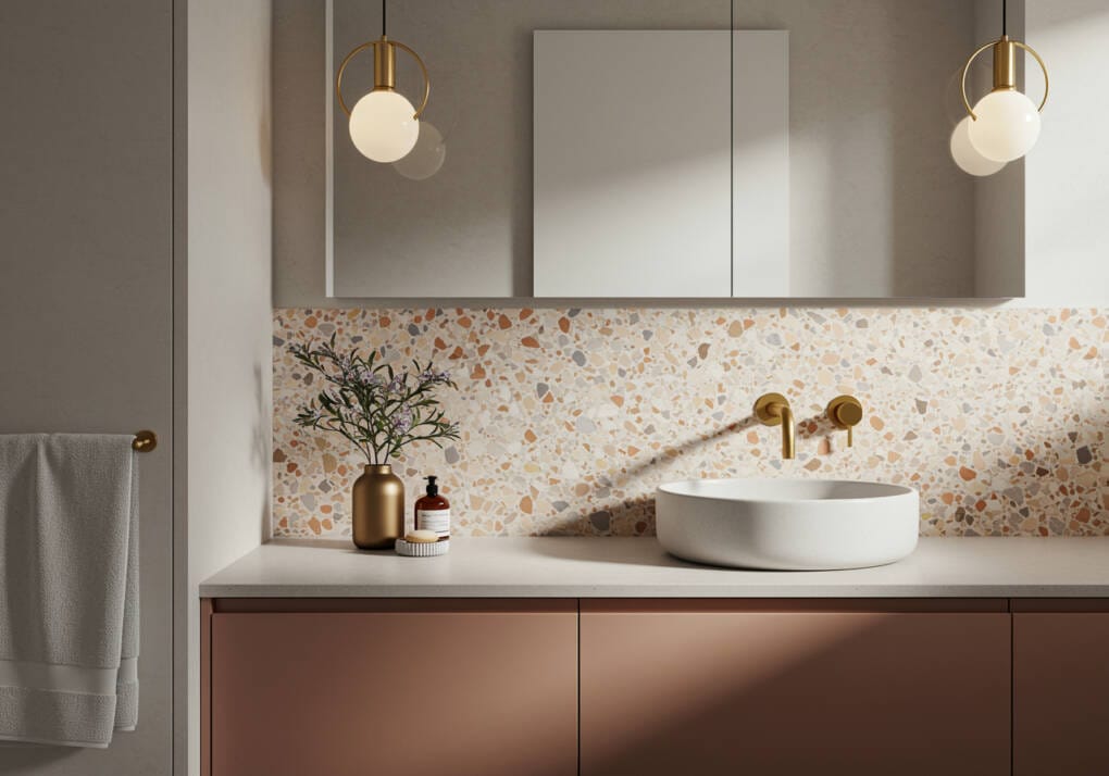 Modern bathroom vanity with luxe terrazzo feature wall tiles and minimalist brass tapware for a sophisticated look