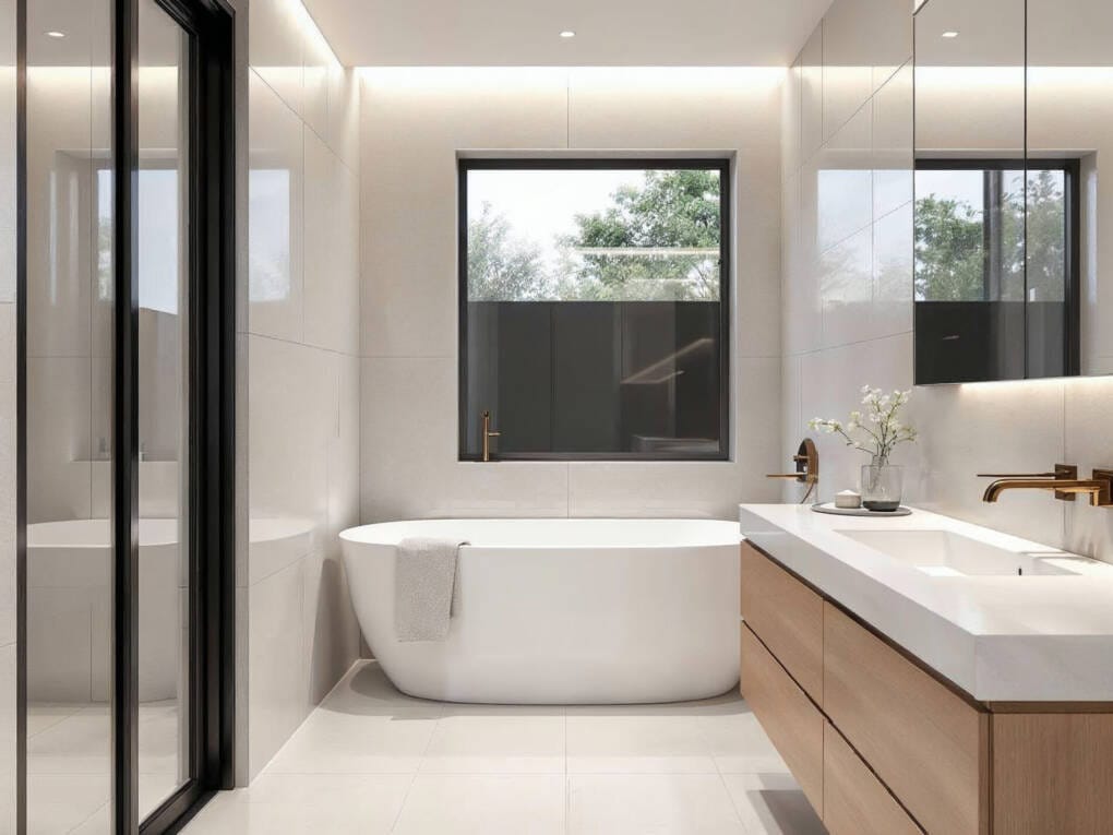 Modern small bathroom featuring large-format light tiles to create a spacious and bright appearance