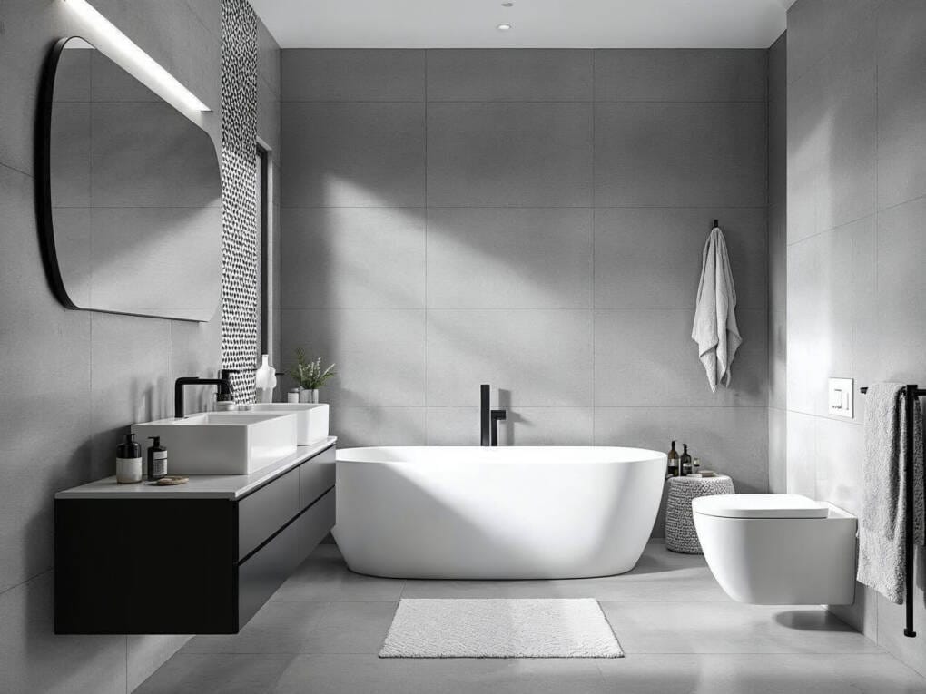 Modern Australian bathroom with concrete-look wall and floor tiles, bold geometric feature wall, and sleek black fixtures in a minimalist monochrome design