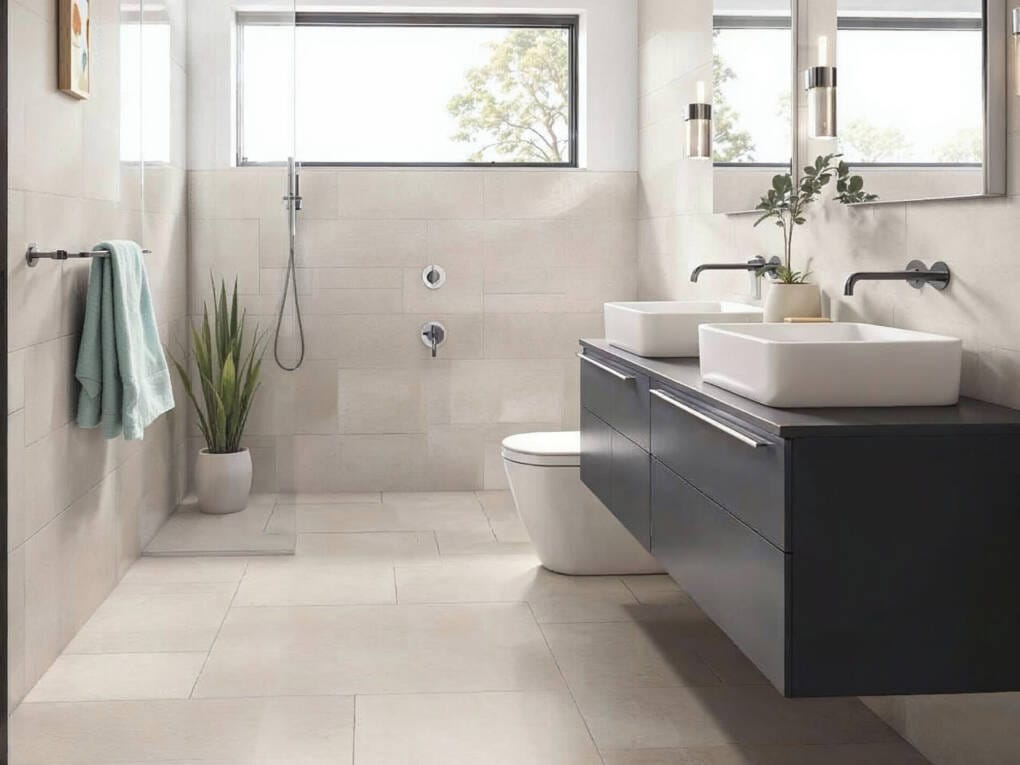 Modern Australian bathroom with stone-look floor tiles and coordinating wall tiles for a cohesive and practical design