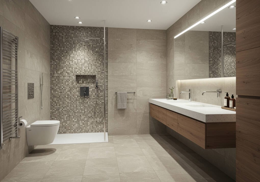 Modern bathroom with large-format wall tiles and textured mosaic feature in shower area, combining style and practicality