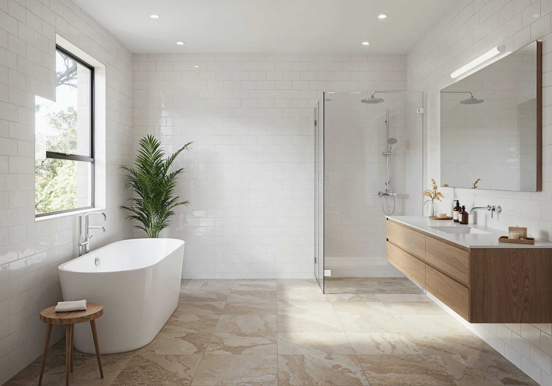 Bright and spacious Australian bathroom featuring creative tile pairing with white subway wall tiles and natural stone-look floor tiles