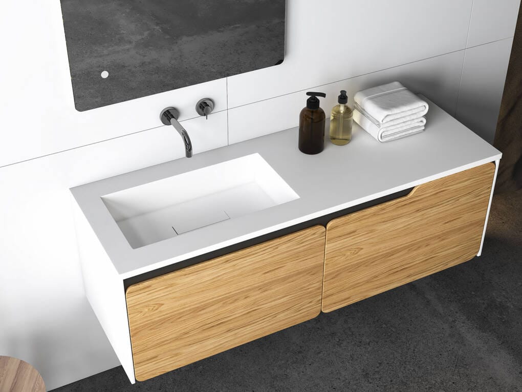 Modern bathroom vanity with wall tapware and minimalist basin for a sleek, floating appearance