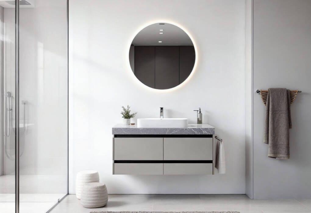 Round LED mirror placed at ideal height above modern bathroom vanity with stone benchtop
