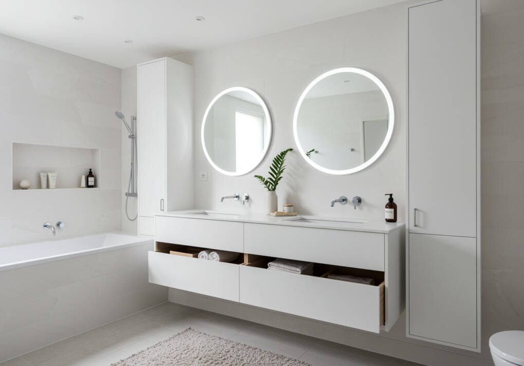 Double round mirrors spaced perfectly above double bathroom vanity, demonstrating ideal mirror width and positioning