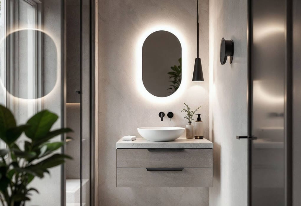 Elegant bathroom with perfectly proportioned oval LED vanity mirror, creating symmetry and balance in a small space