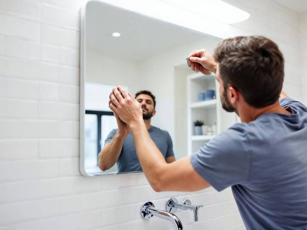 Person installing bathroom vanity mirror with correct mounting and fixings for a safe and level result