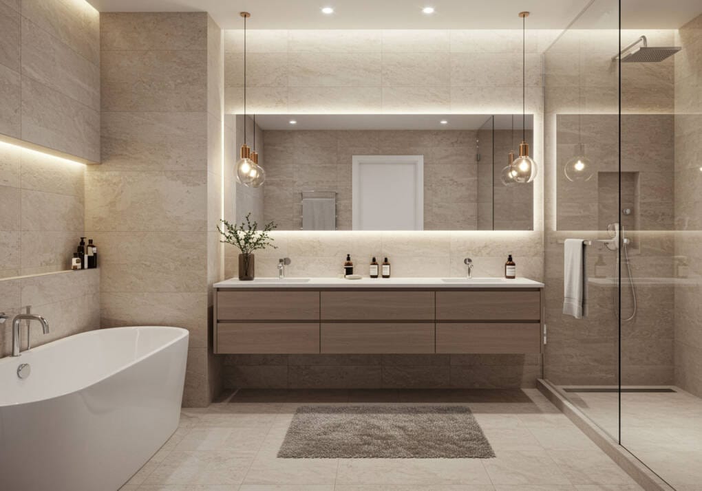 Modern bathroom with large LED backlit vanity mirror providing even, shadow-free lighting above double vanity