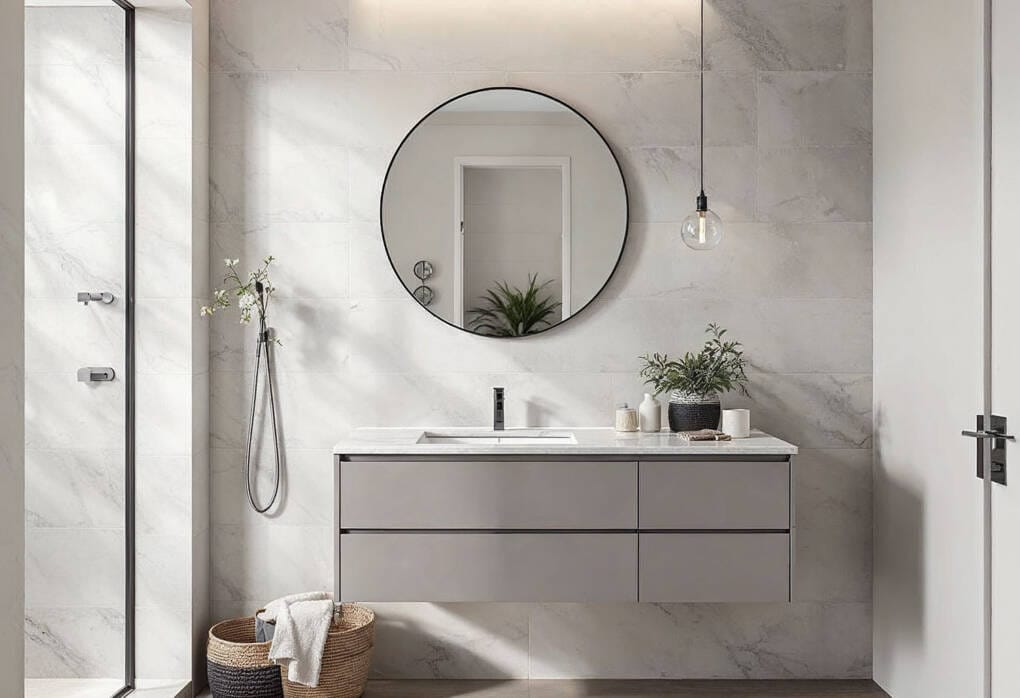 Modern bathroom with off-centre round vanity mirror and wall-mounted tapware, perfect for tricky layouts and tall ceilings