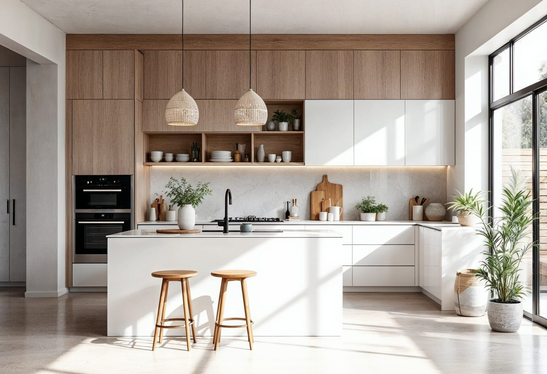  Bright modern kitchen with crisp white cabinets and timber accents, combining Scandinavian style with natural warmth