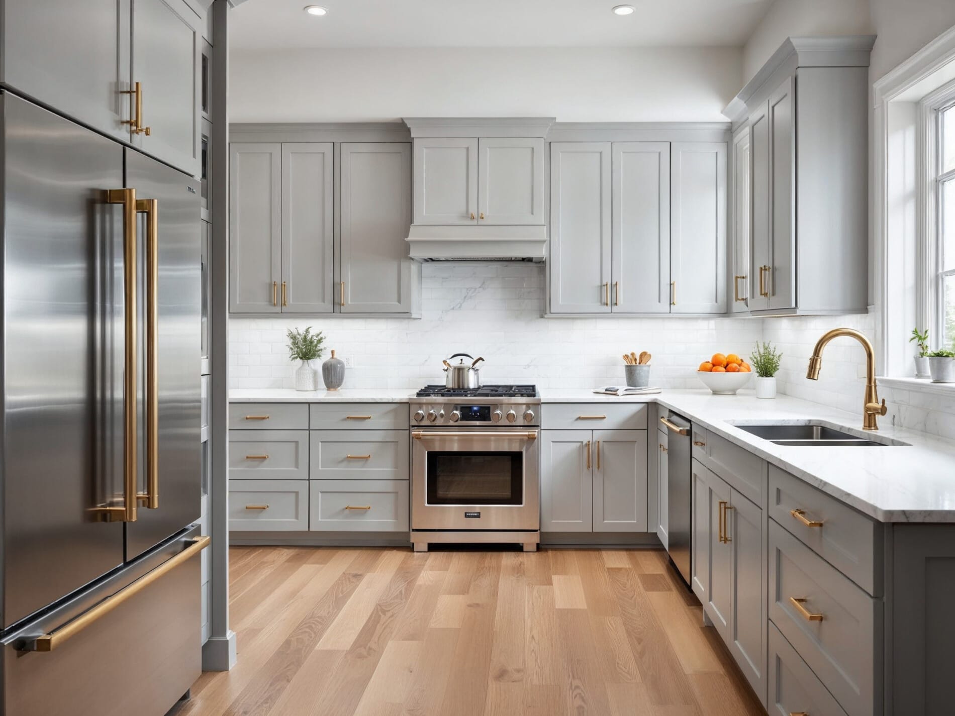 Elegant kitchen with French grey cabinetry and white benchtops, styled with brass hardware and timber flooring