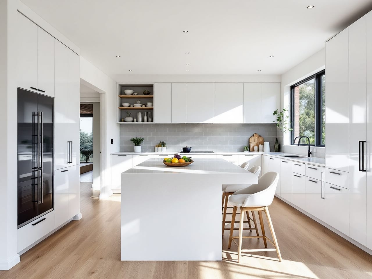 Modern white-on-white kitchen with layered white cabinetry, benchtops, and splashback, creating a bright and open space