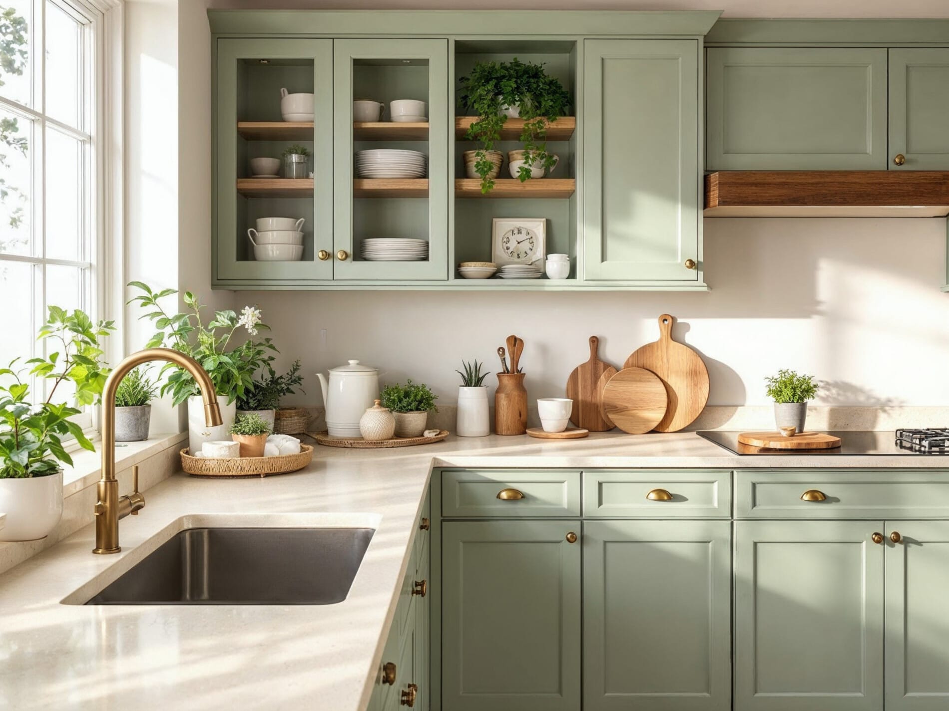 Rustic kitchen with olive green cabinetry, champagne benchtops, and timber accents, styled with brass hardware and Mediterranean flair