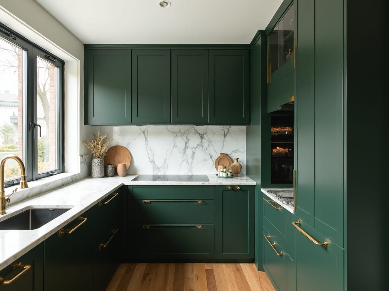 Luxurious kitchen with emerald green cabinetry, white stone benchtops, marble splashback, and brushed gold hardware