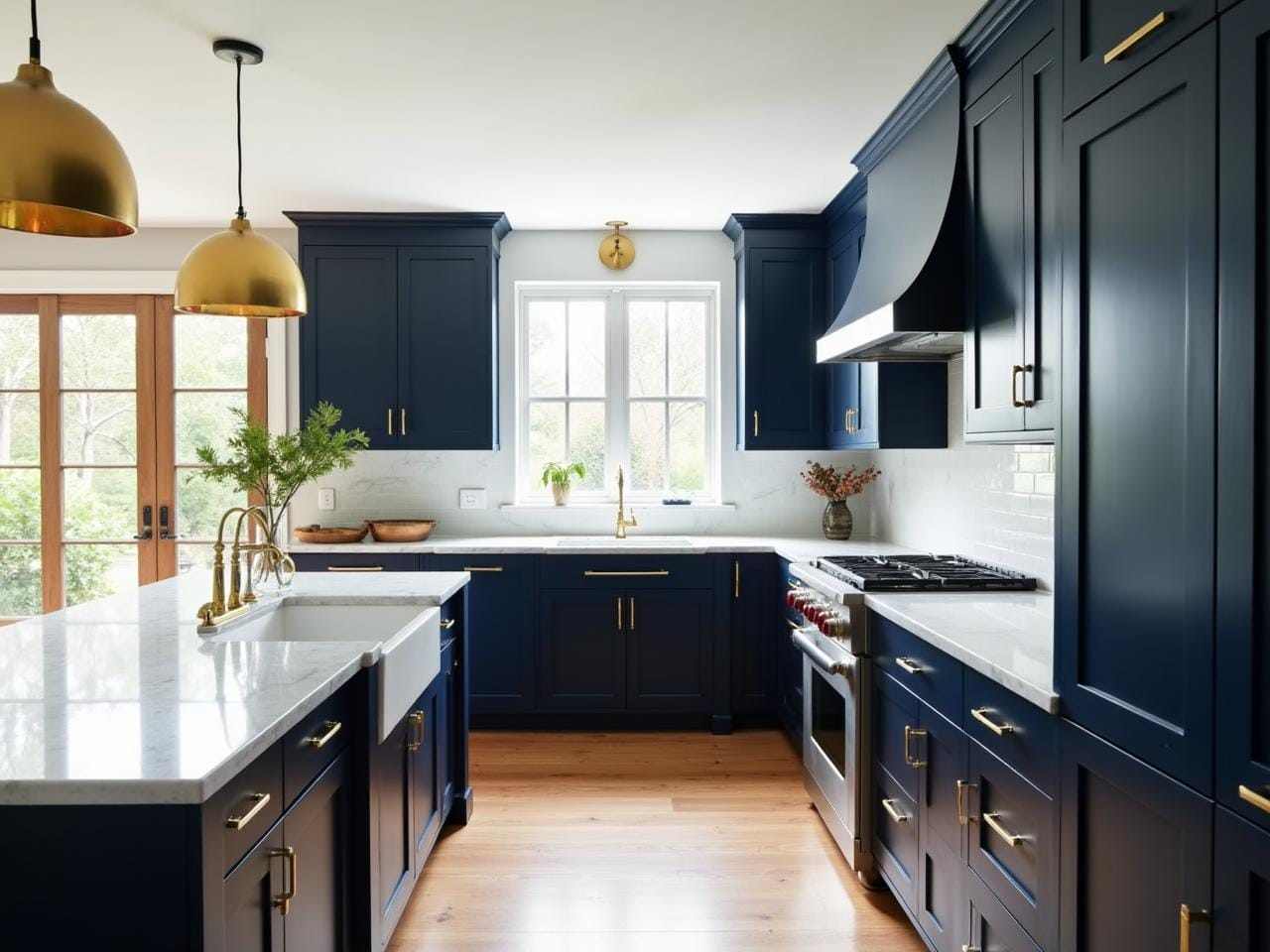 Elegant kitchen with navy blue cabinetry, cream benchtops, brass handles, and coastal-inspired design elements