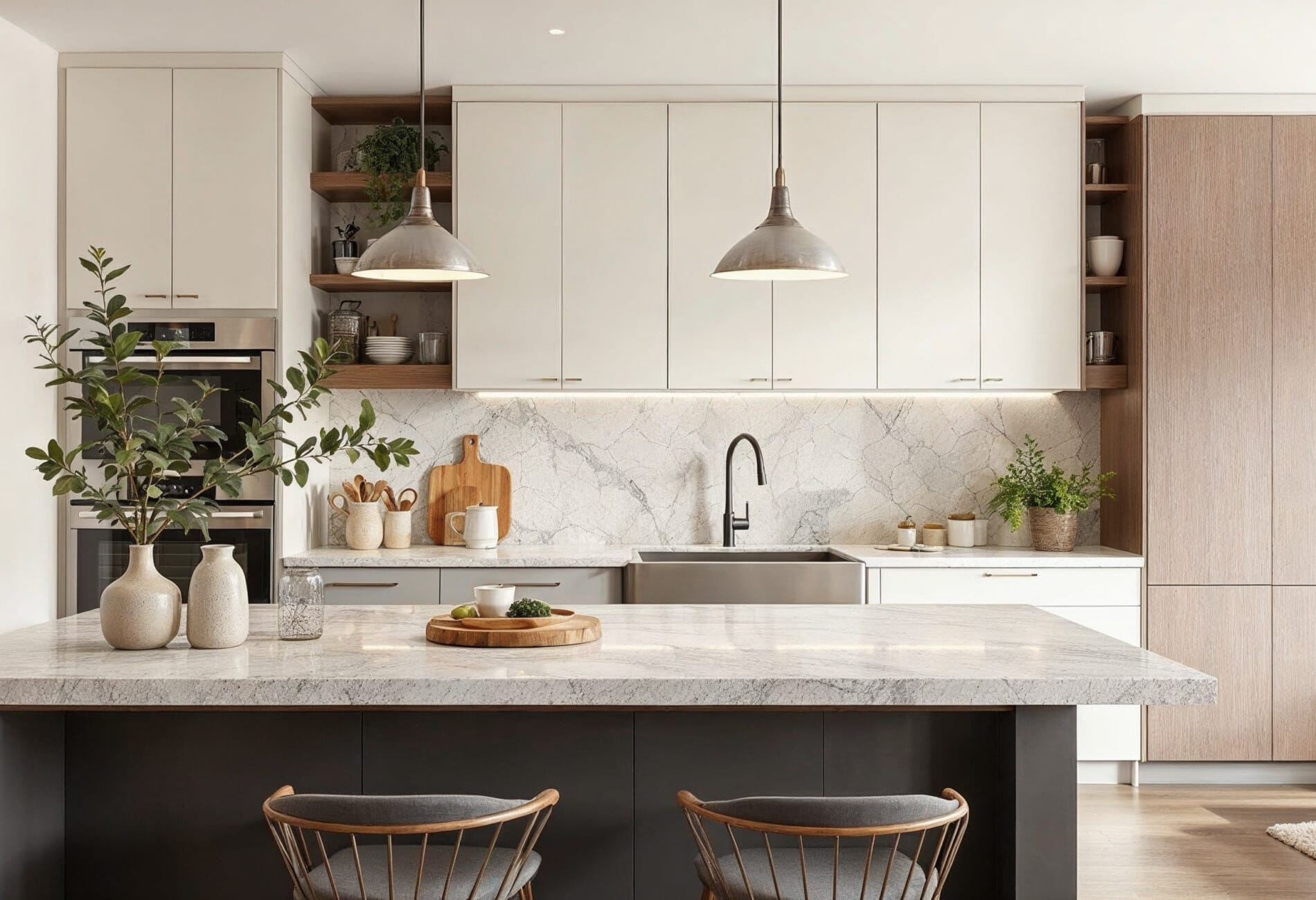 Modern kitchen with warm natural tones, beige and oatmeal cabinetry, timber-look floors, and off-white benchtops
