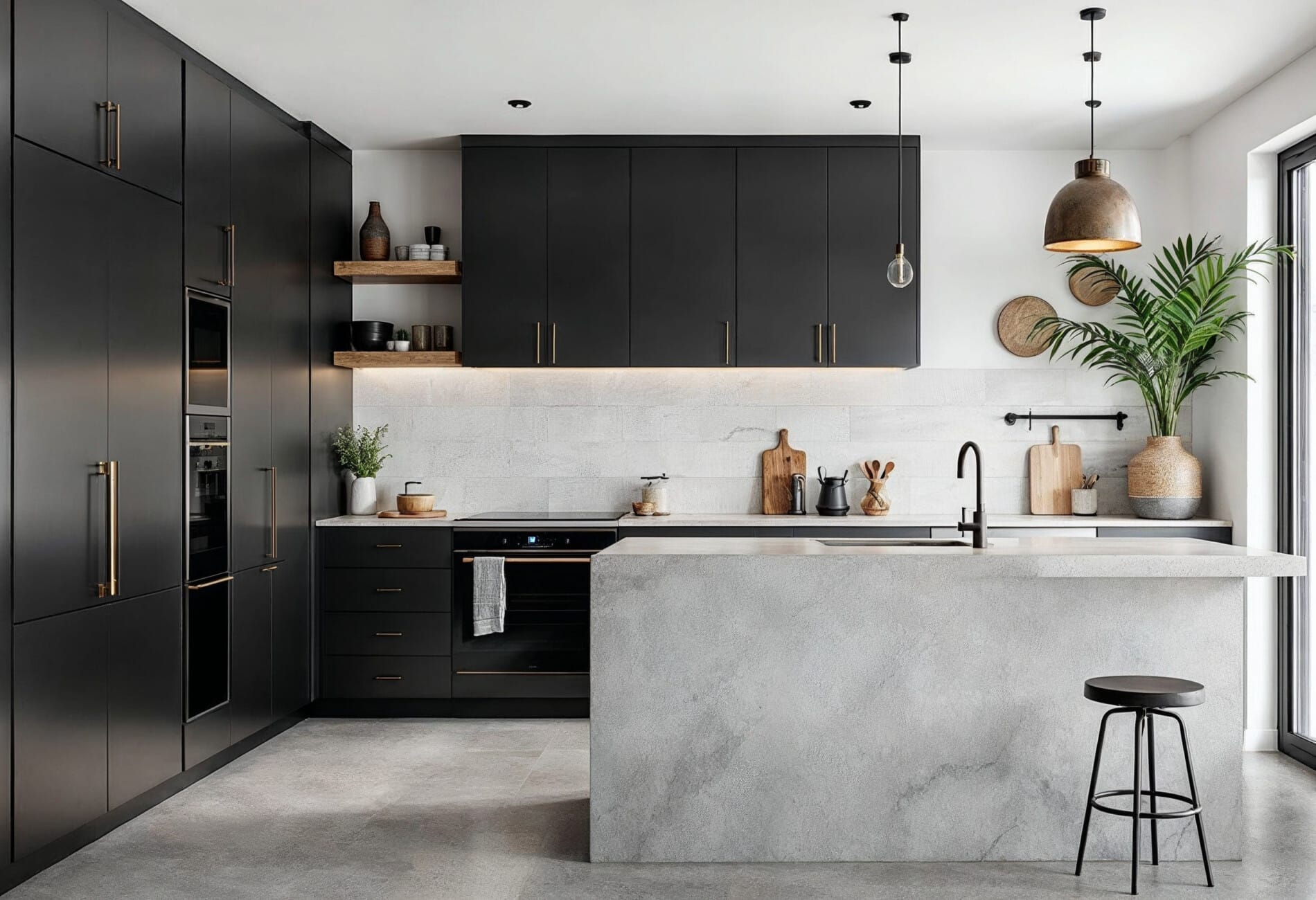 Modern kitchen with white, grey, and black colour scheme featuring matte black cabinetry, grey stone benchtop, and white tiled splashback