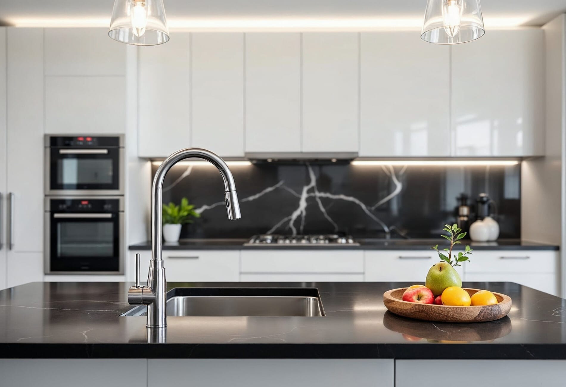 Modern kitchen with black stone benchtop, white cabinetry, and black marble splashback, featuring stainless steel tapware and minimalist design