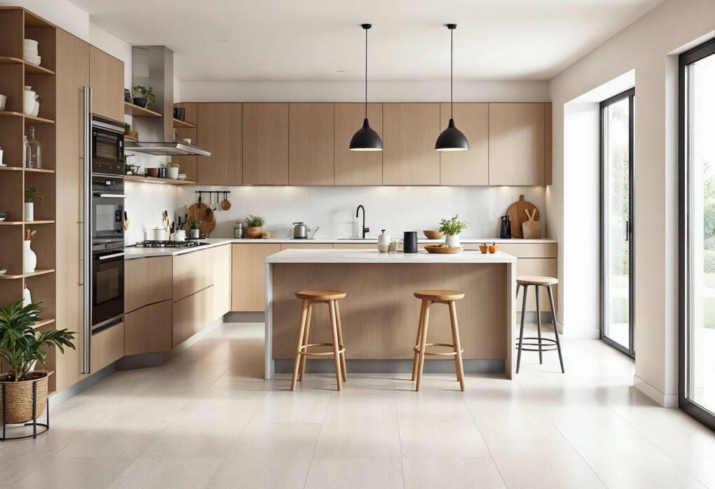 Modern kitchen with light timber cabinetry, neutral colour scheme, white stone benchtops, black fixtures, and large windows bringing in natural light