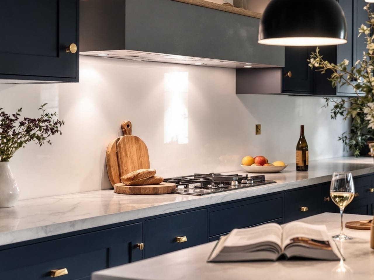  Modern kitchen with navy cabinets, white stone benchtops, brass handles, and gas cooktop, styled with timber chopping boards and glass of wine on benchtop