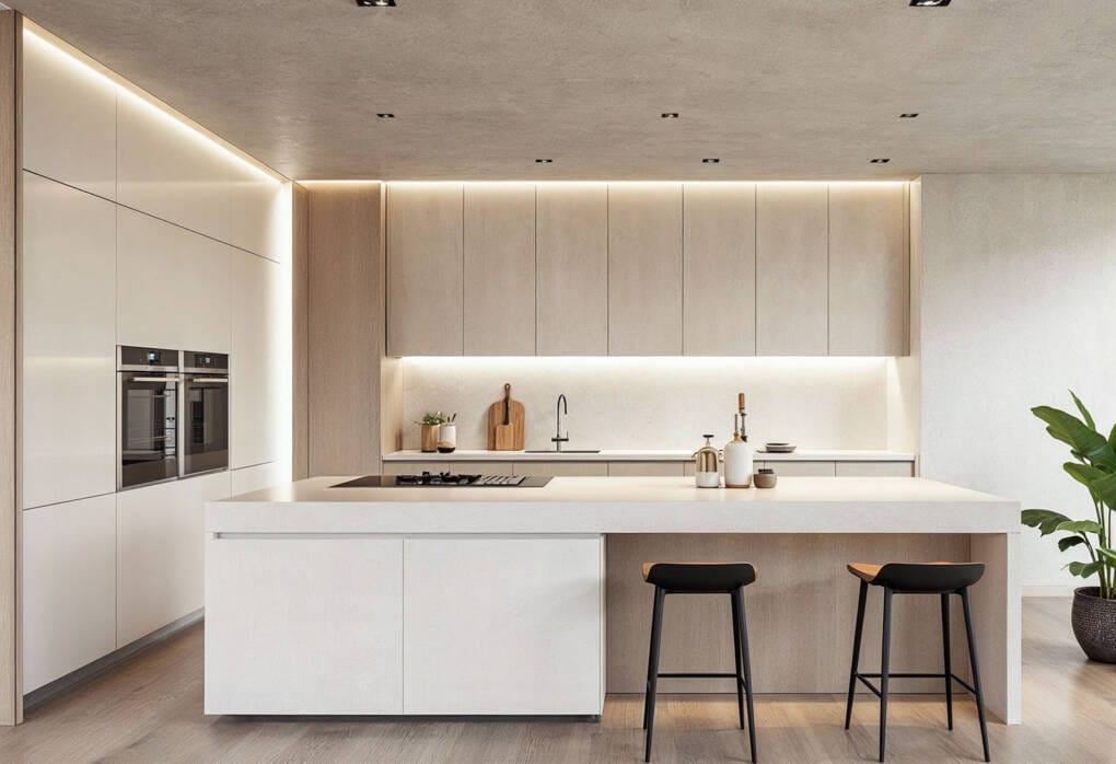 Scandinavian-inspired kitchen with oak timber-look cabinets, white gloss benchtops, integrated appliances, and minimalist design