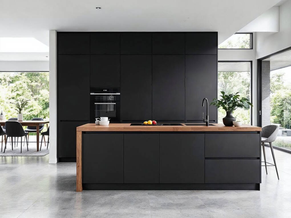Modern kitchen with matte black cabinets, timber benchtops, large island, and minimalist open-plan design