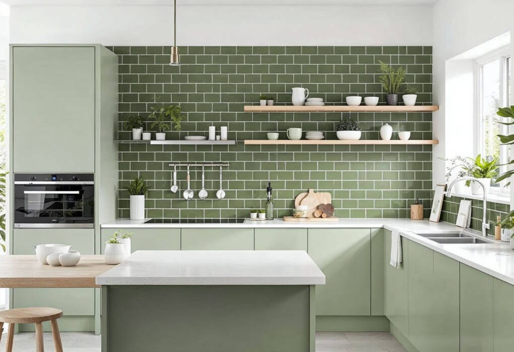 Modern kitchen with sage green cabinets, marble-look benchtops, green subway tile splashback, and open shelving