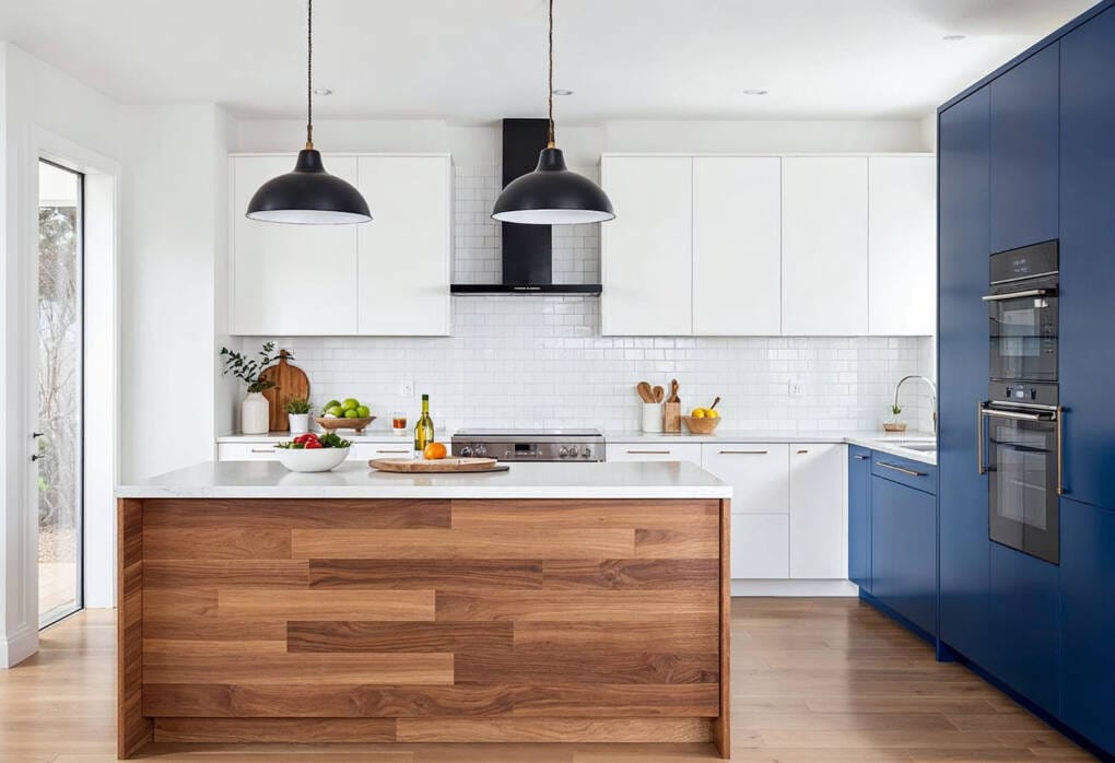 Modern kitchen with dual-tone cabinets in white and navy blue, timber island bench, white subway tile splashback, and black pendant lights