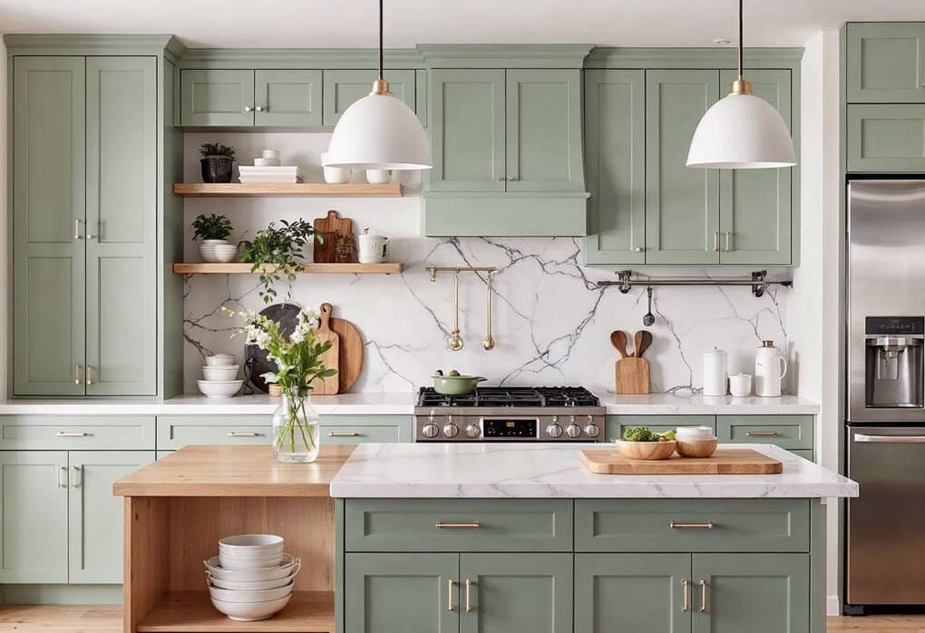 Kitchen with sage green cabinets, white marble splashback, timber shelves and accents, showcasing natural kitchen colour trends for Australian homes