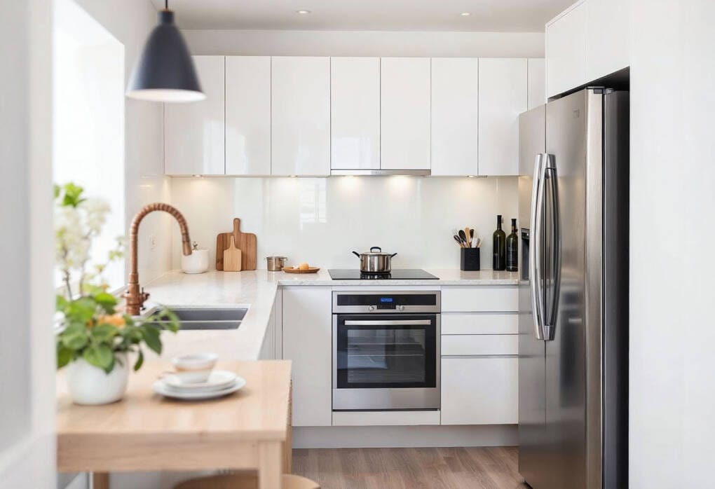 Compact modern white kitchen with gloss cabinets, light benchtops, and stainless steel appliances, ideal small kitchen colour scheme