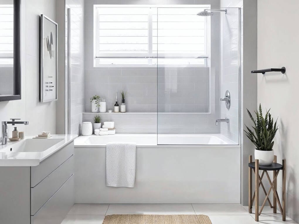 Modern bathroom with fixed glass shower screen over bath for a clean and practical layout