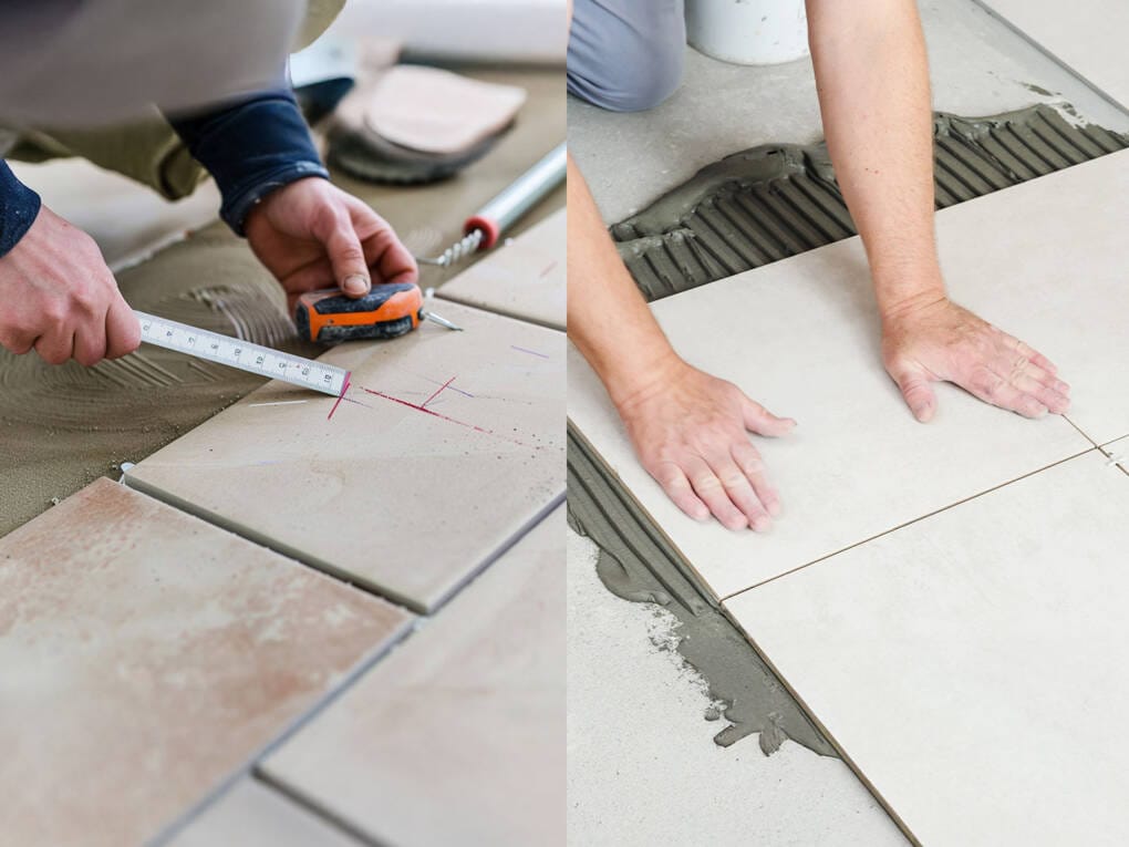Side-by-side comparison of pressed edge tiles and rectified edge tiles during installation