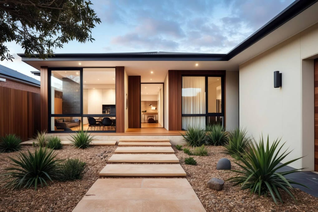Modern house exterior with large windows and landscaped front garden