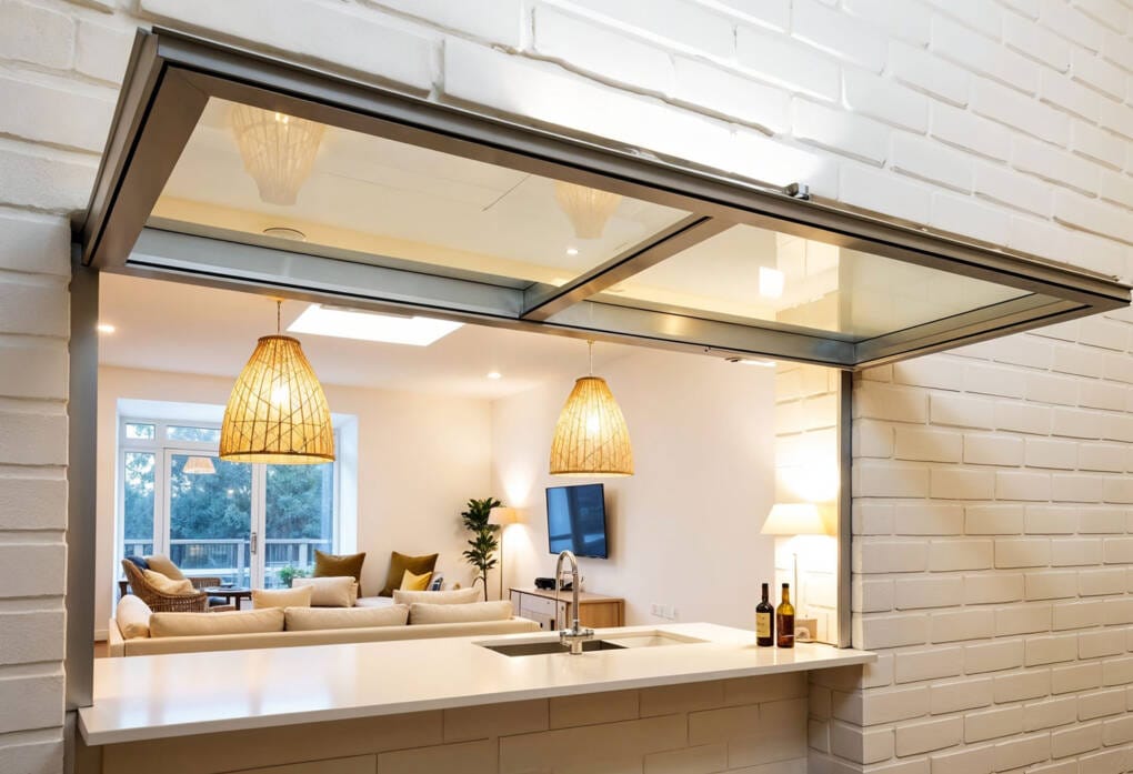 Modern awning kitchen window opening onto indoor-outdoor entertaining space