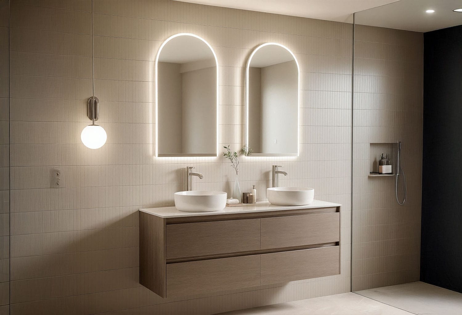 LED arched mirrors above floating vanity